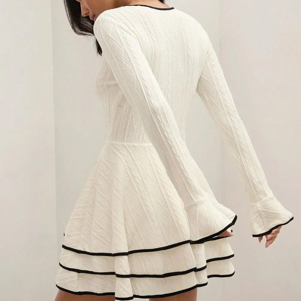 Multicolor Casual Women's Old Money Patchwork Trim Layered Hem Dress - Picture 2 of 6